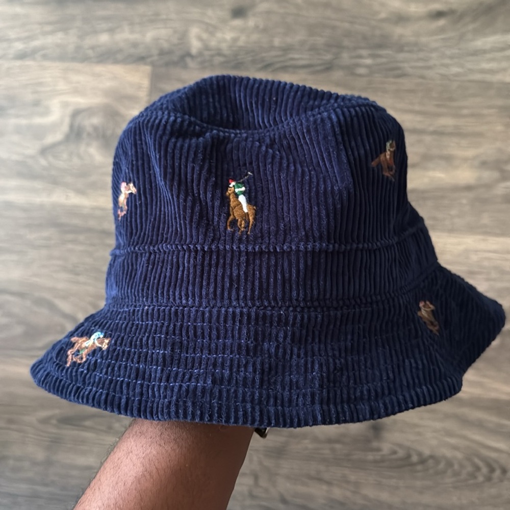 Polo Ralph Lauren Navy Corduroy Bucket Hat with Embroidered horse and pony L/XL
